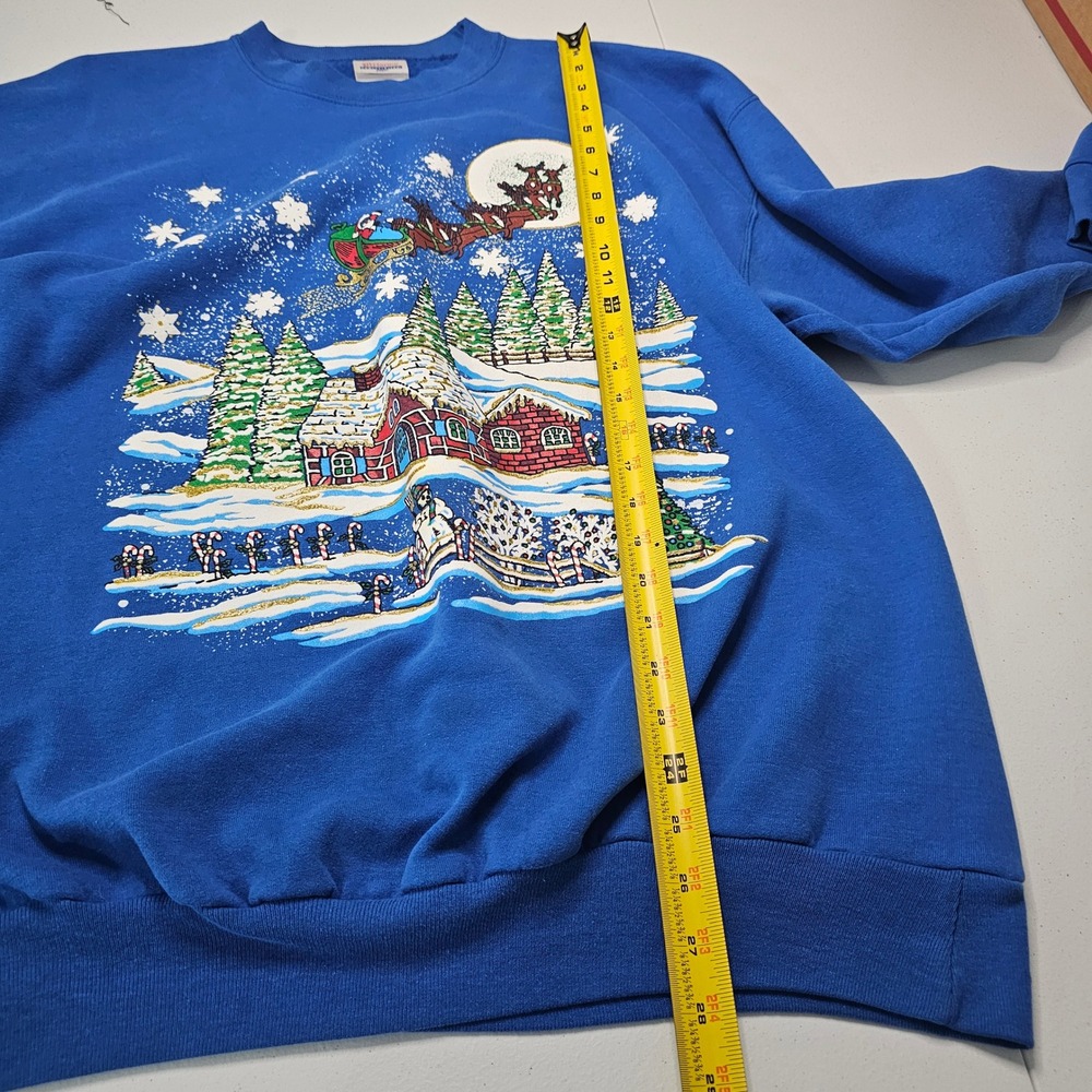 Vintage 90s Hanes Christmas Sweatshirt L Santa Reindeer Sleigh Cottage Kitsch - Picture 11 of 13